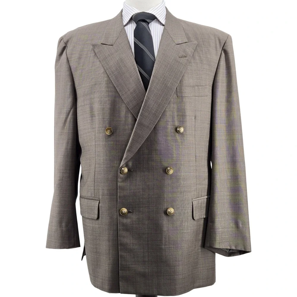 Vintage Lai Chow Tailors Suit Jacket Mens 44R Beige Check Double-Breasted 80s